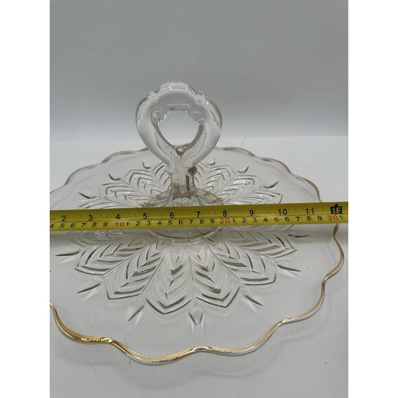 Center Handle Tray Feather by JEANNETTE Glass 12" x 6" Gold Trim Cottage Core - Picture 3 of 7